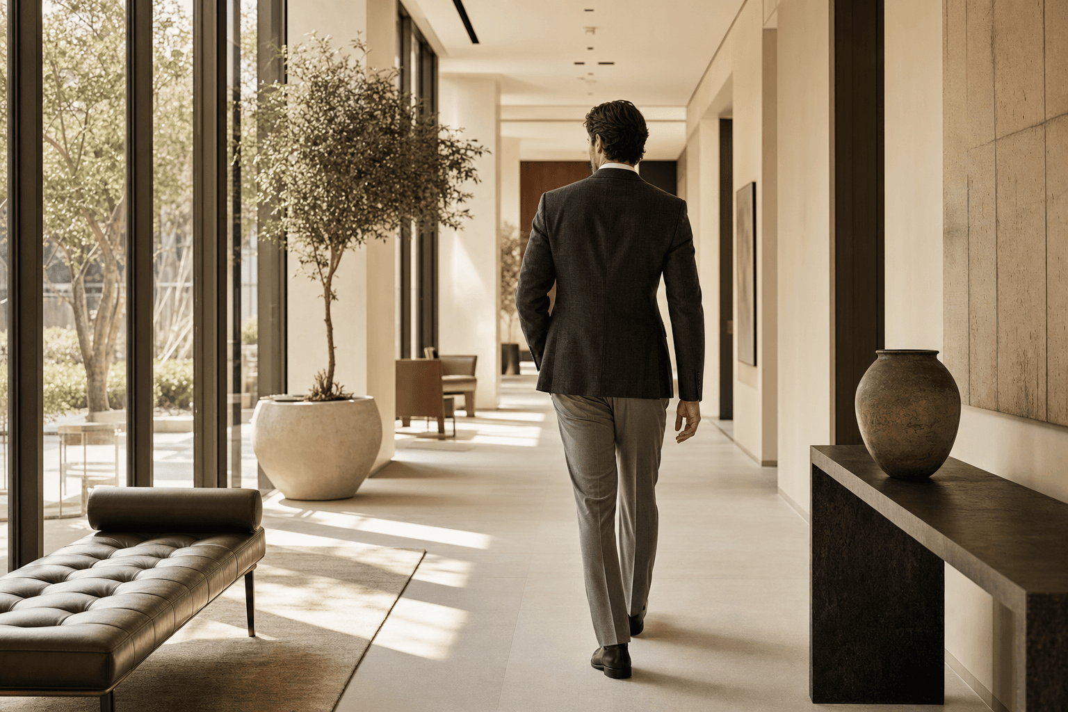 Executive office space with leather chair and wooden desk, quiet and professional atmosphere