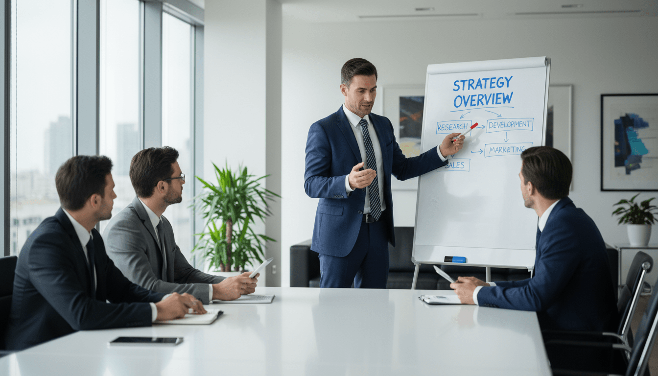Executive pointing at a whiteboard while discussing strategy with a small team in a modern office