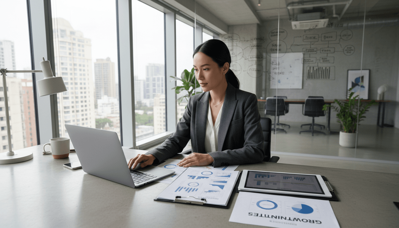 Executive working on strategic growth plan in a bright modern office