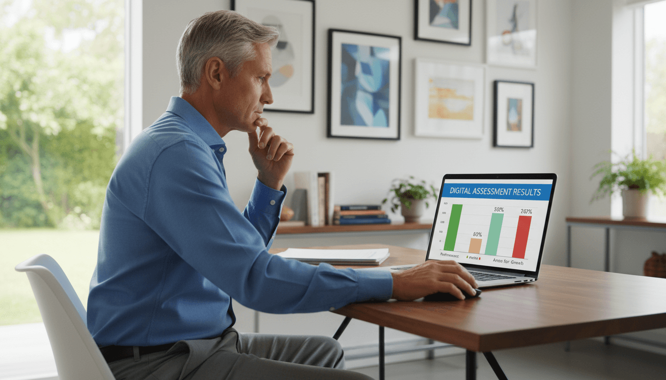 Professional man reviewing digital assessment results on a laptop in a home office