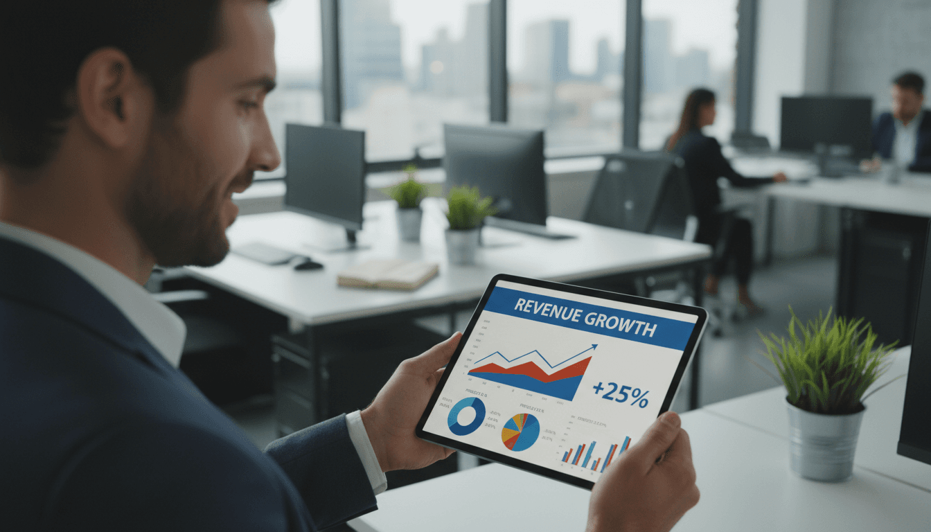Professional analyzing revenue dashboard on tablet in modern office