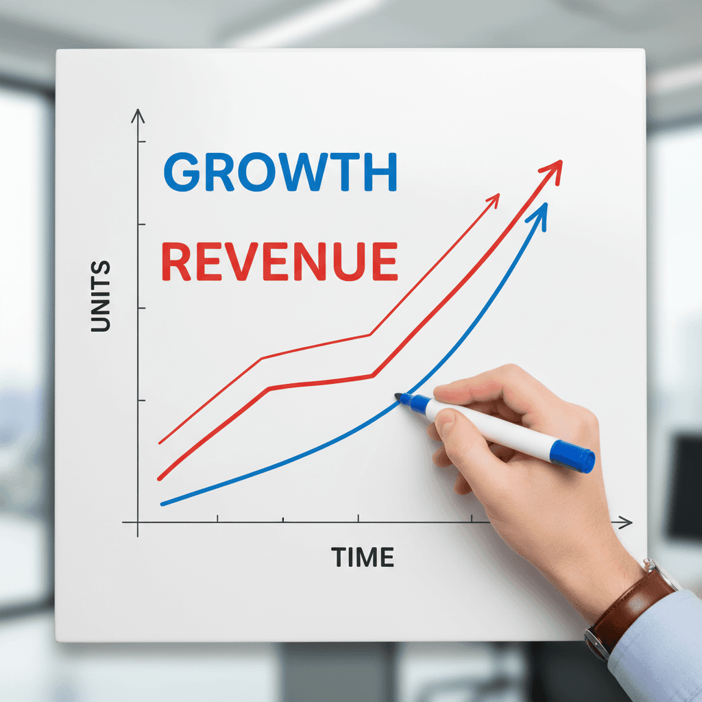 Hand drawing an upward growth trajectory line on a whiteboard