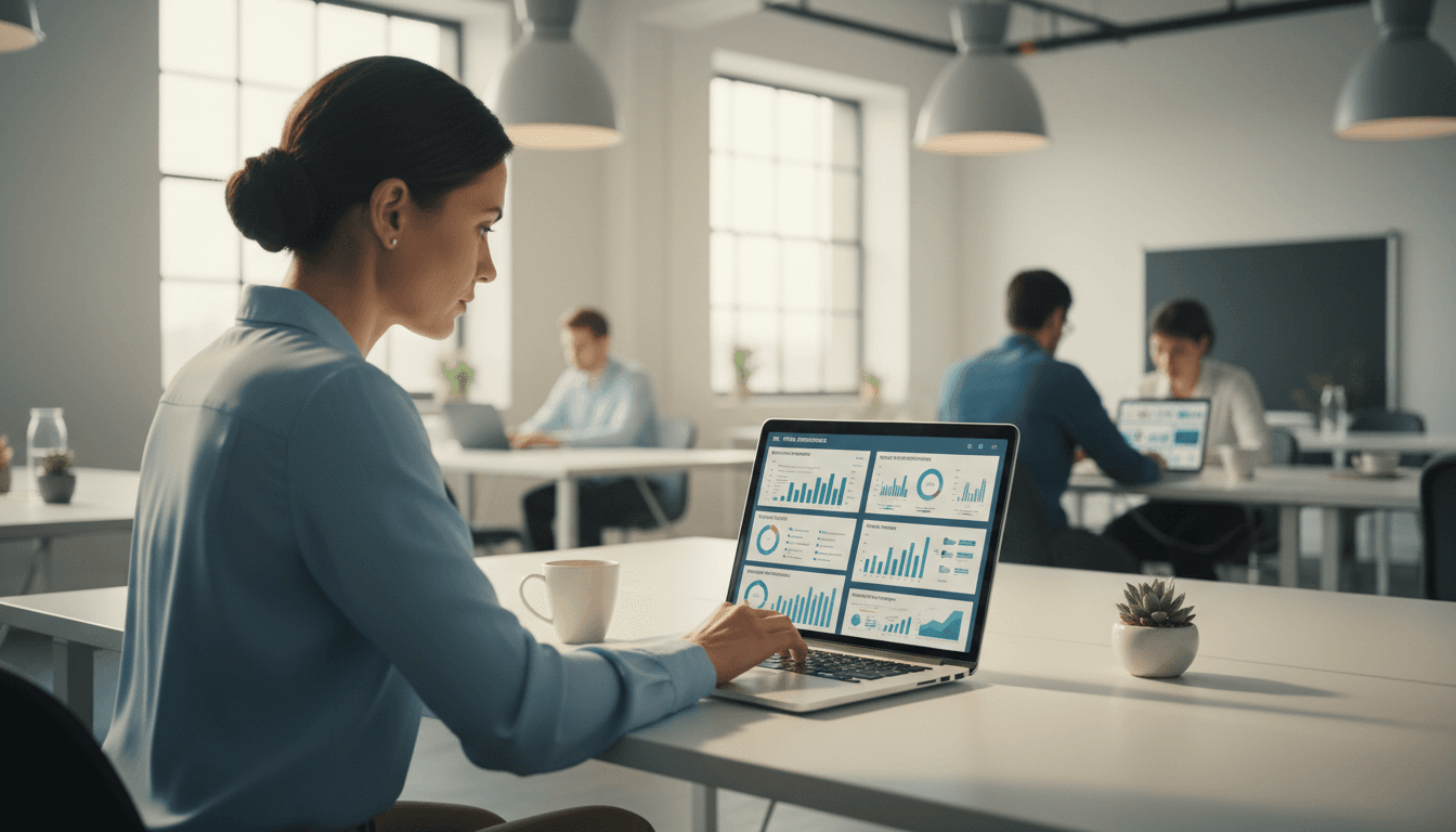 Professional looking at data dashboard on laptop in bright workspace