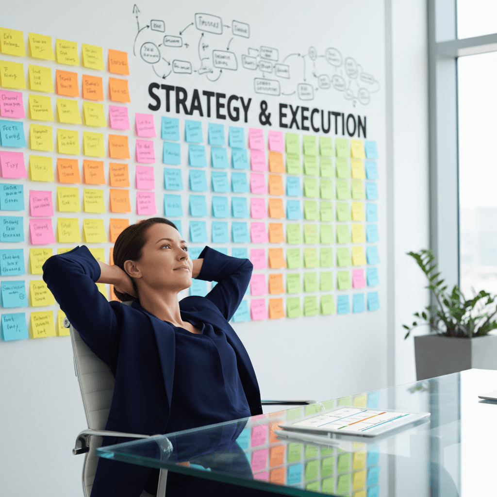 Executive reviewing a structured plan of sticky notes on a wall
