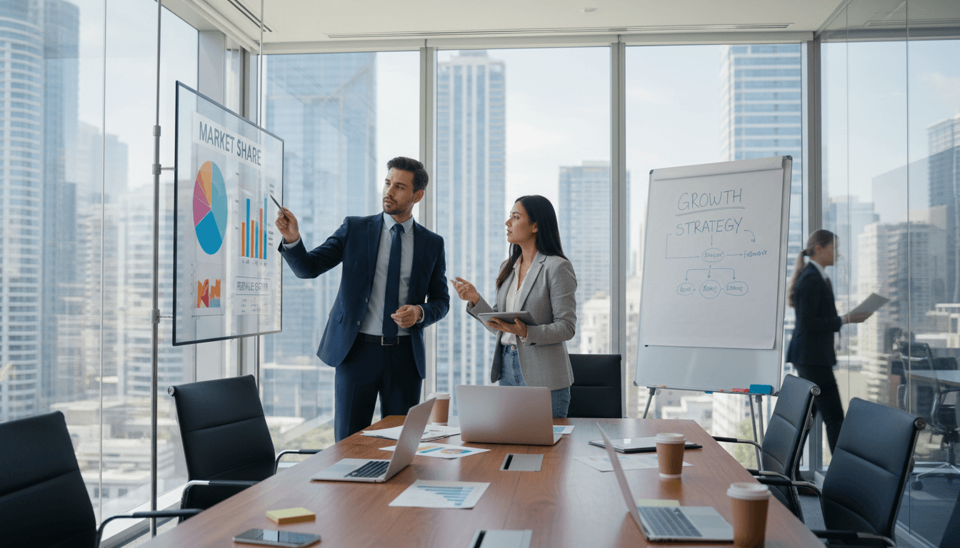 Consultant and founder discussing growth strategy in a conference room