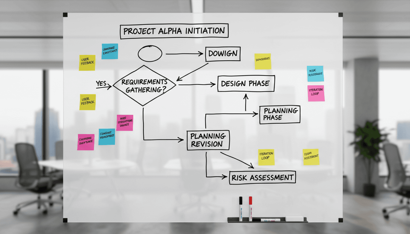 Flowchart diagram on whiteboard with sticky notes and markers in modern office