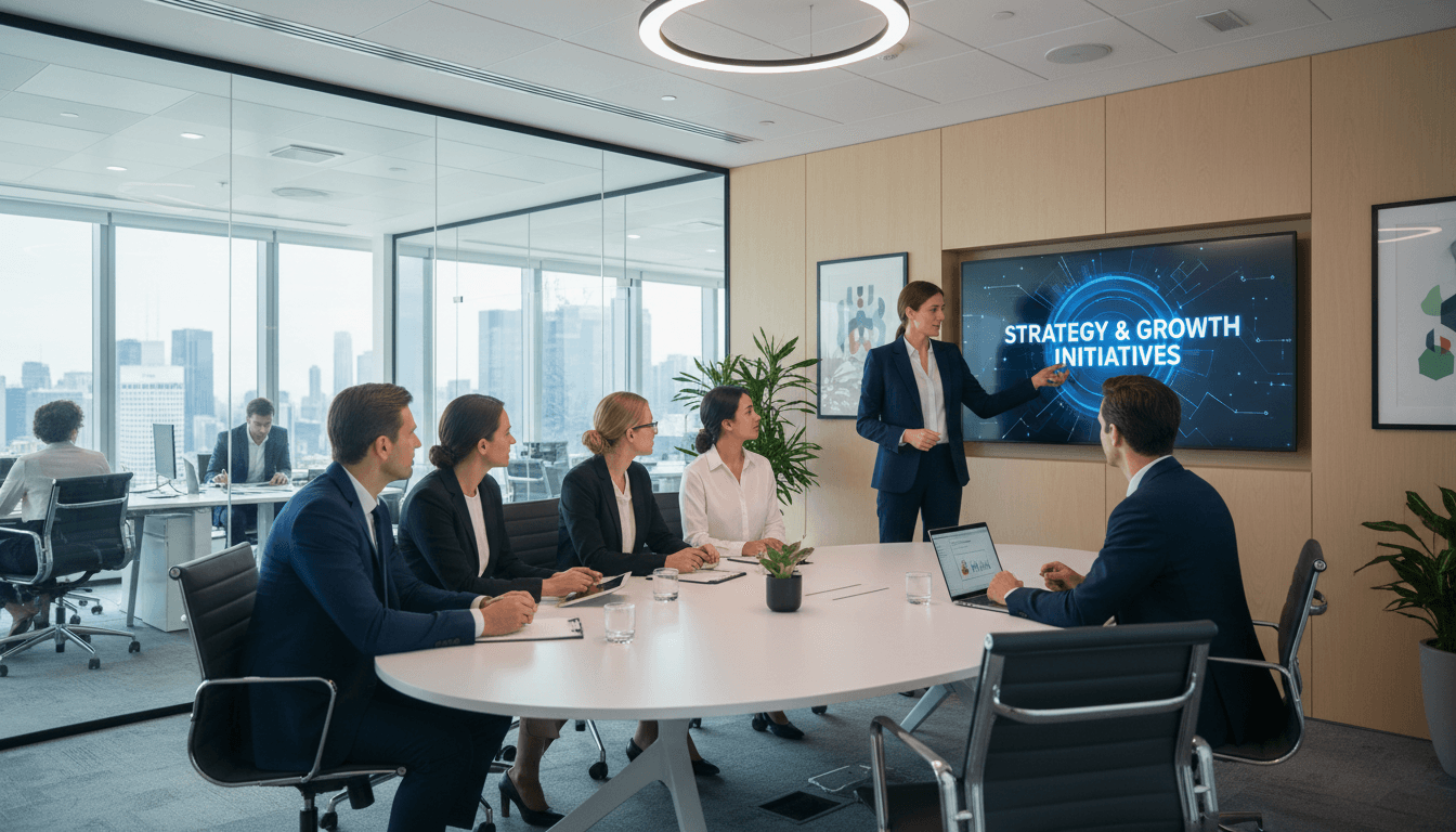Executive consultant in a strategy meeting with business leaders in a modern office