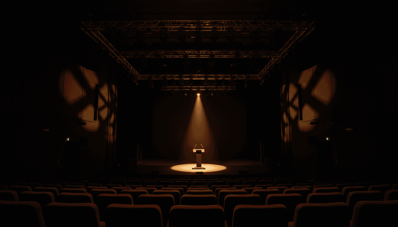 Empty keynote stage with a podium and spotlight in a large darkened auditorium