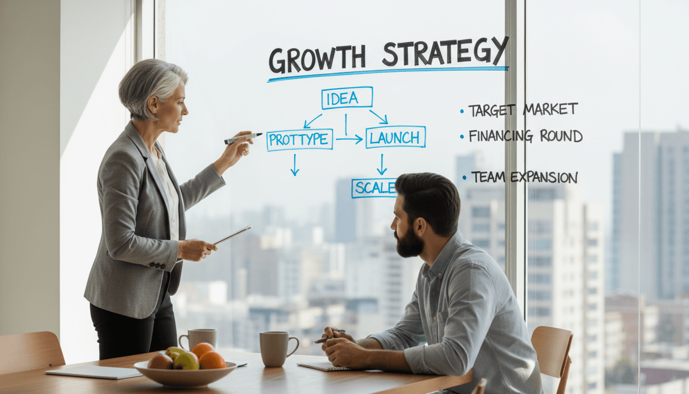 Experienced executive consulting with founder in modern office with whiteboard