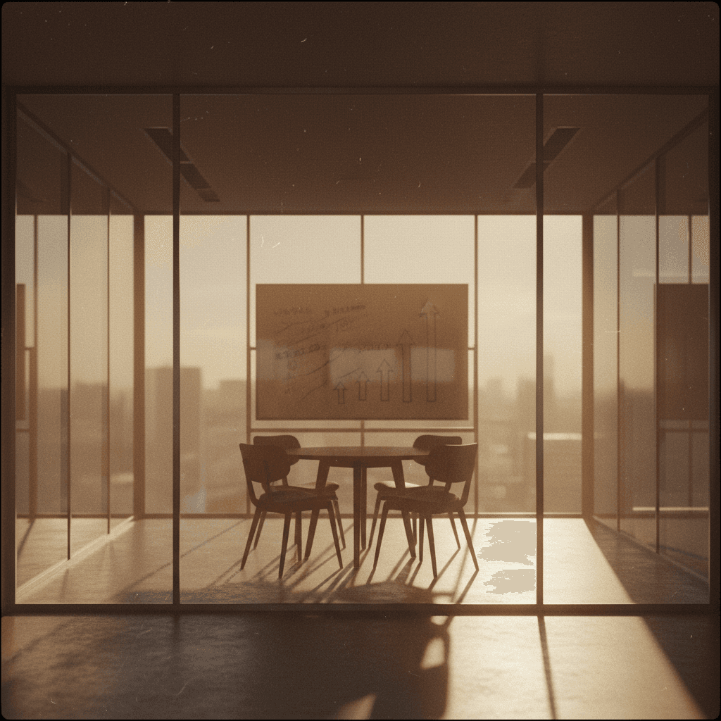 Empty glass-walled meeting room prepared for investor discussion