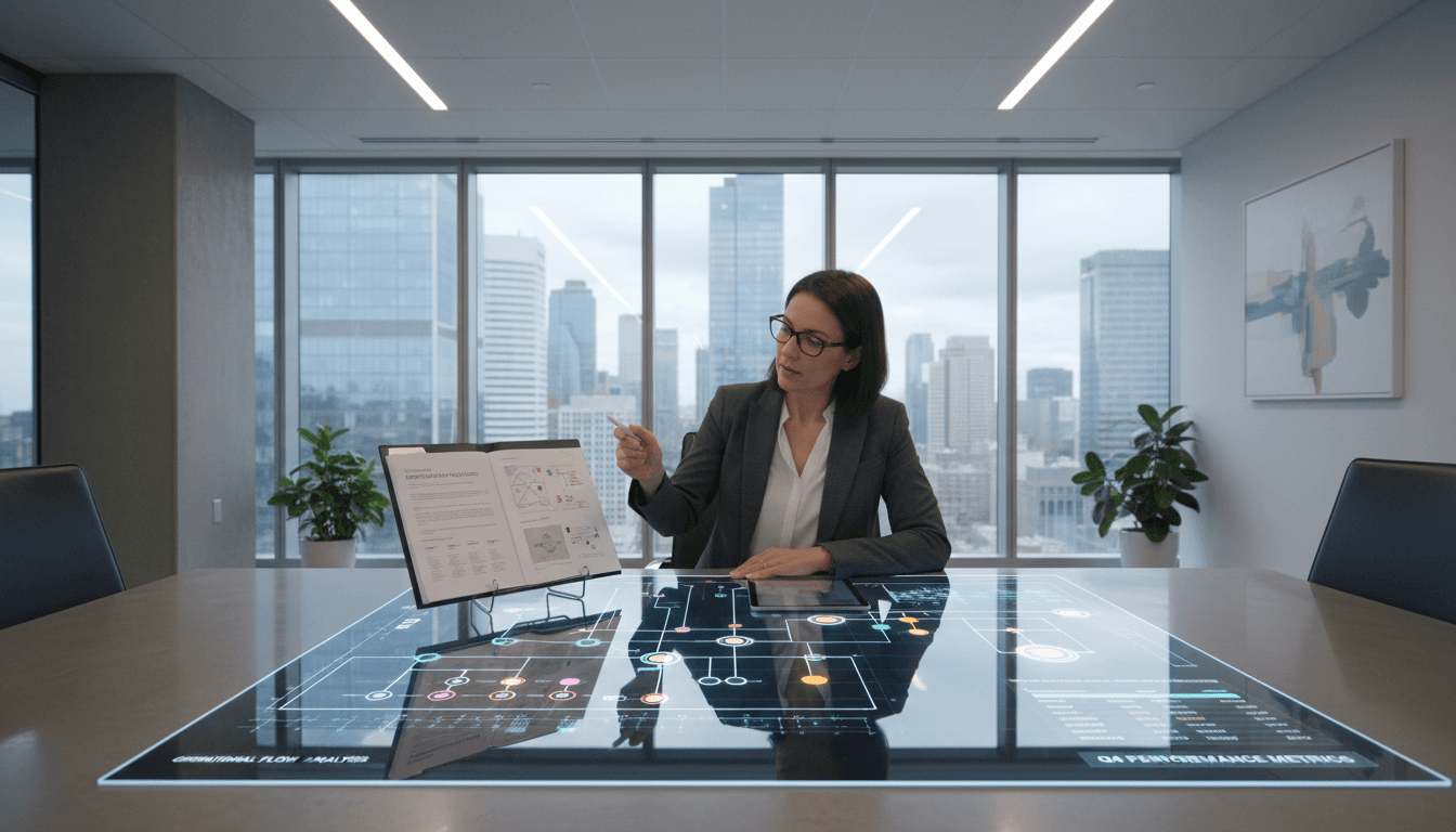 Analyst reviewing workflow charts and reports in modern meeting room