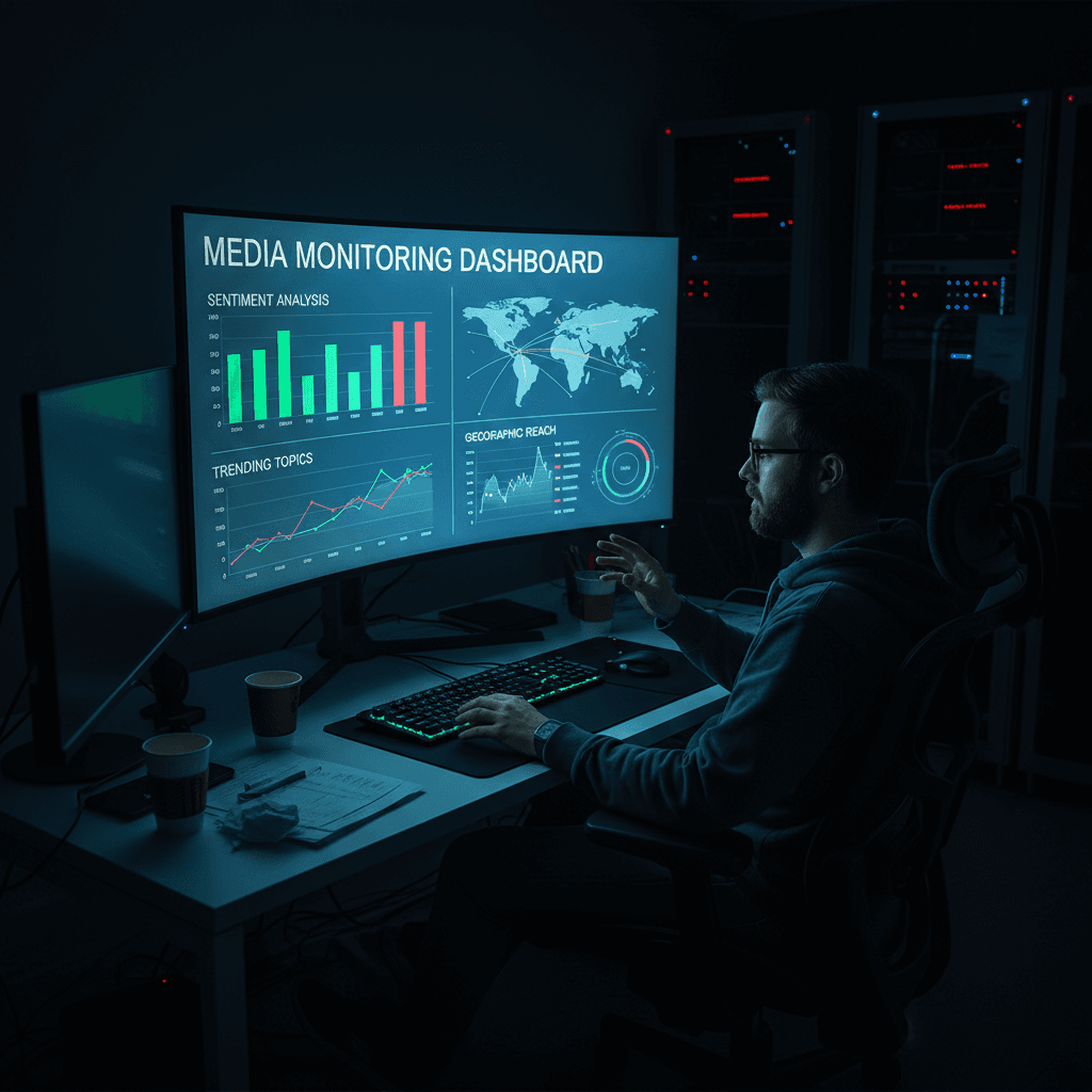 Data analyst reviewing media monitoring dashboard on large screen in dark office
