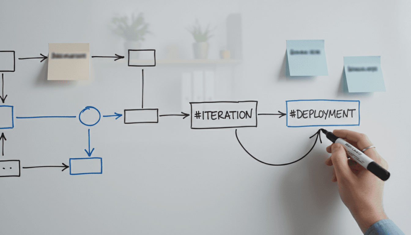 Whiteboard with process flow being updated by hand