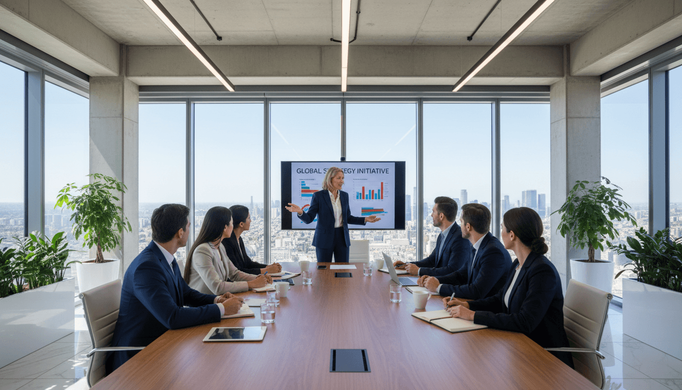 Executive leading a strategic meeting in modern boardroom