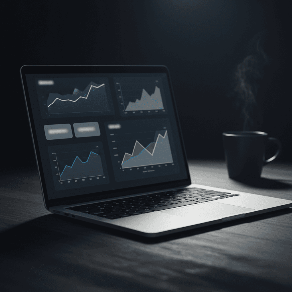Laptop dashboard with revenue trajectory charts and metrics