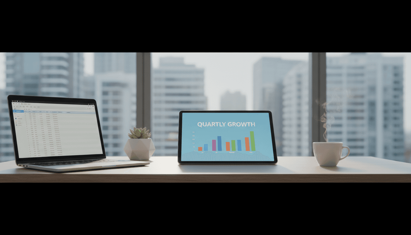 Growth chart displayed on a tablet in a modern office setting with laptop and coffee