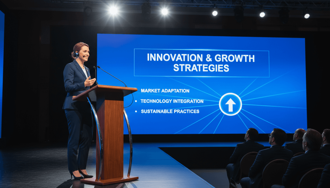 Professional speaking at podium with presentation screen in background