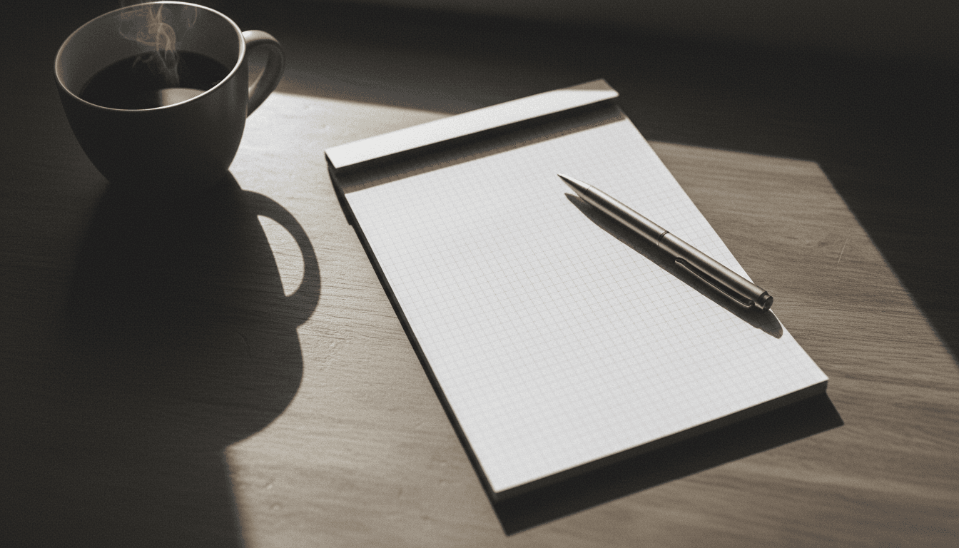 A wooden desk with a notepad, pen, and coffee cup in soft natural light