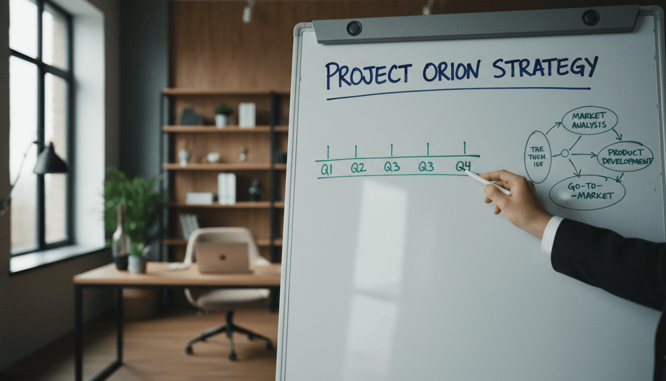 Hand pointing at a strategic timeline on a whiteboard in a modern office