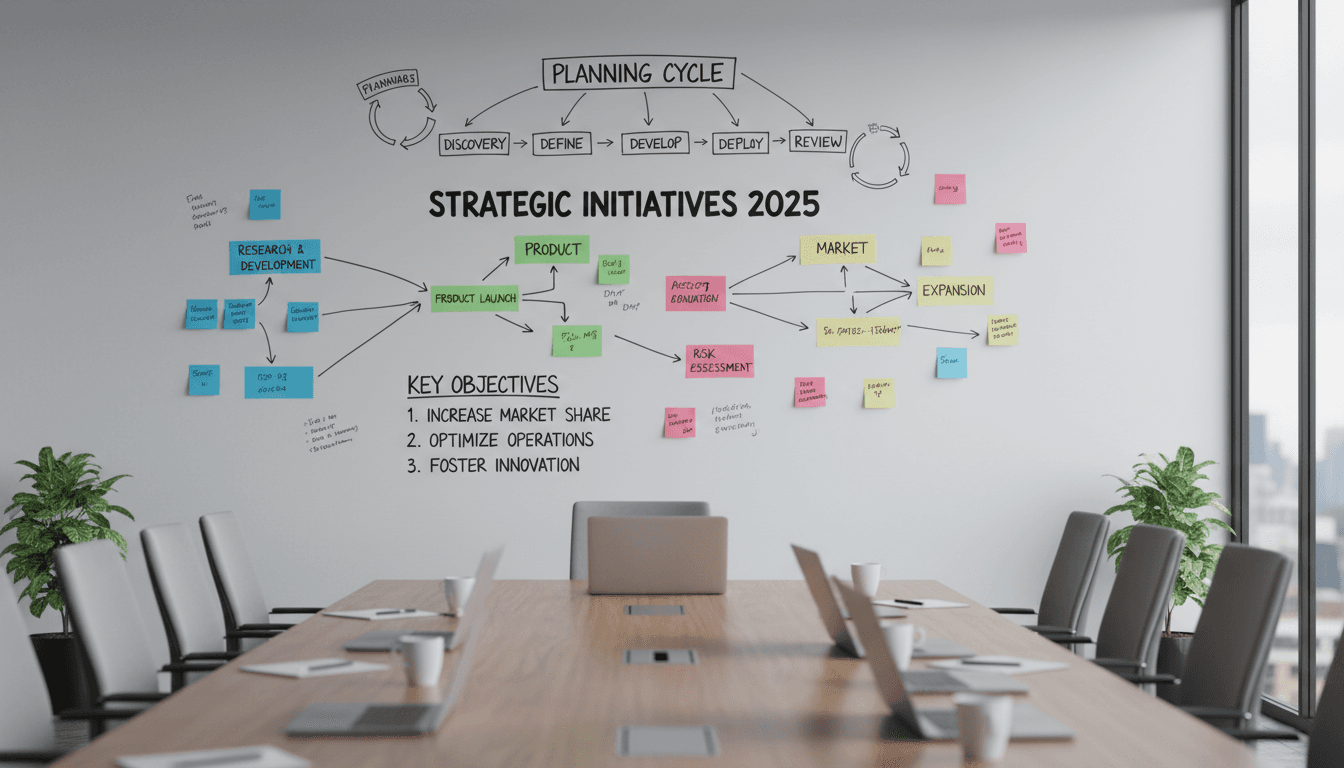 Detailed view of a strategic planning whiteboard