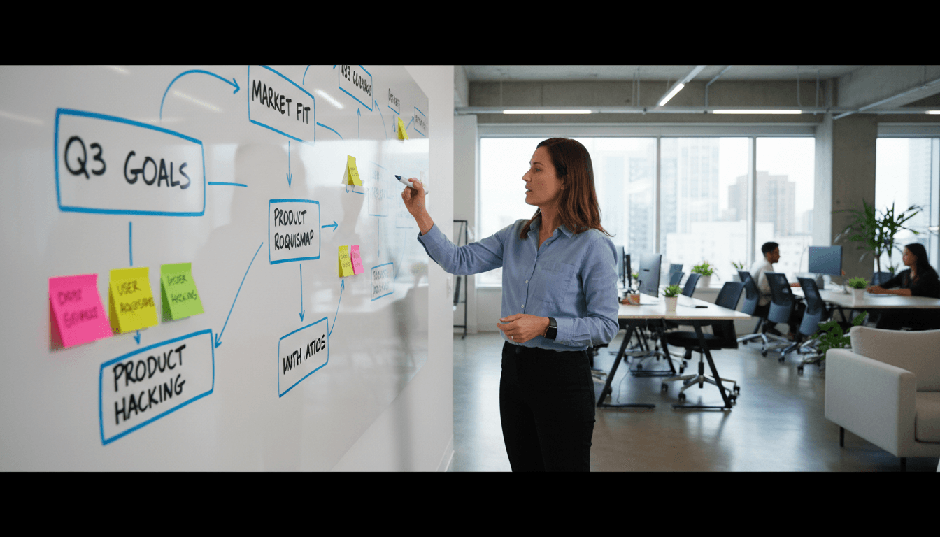 Founder at whiteboard sketching strategy with sticky notes in bright modern office