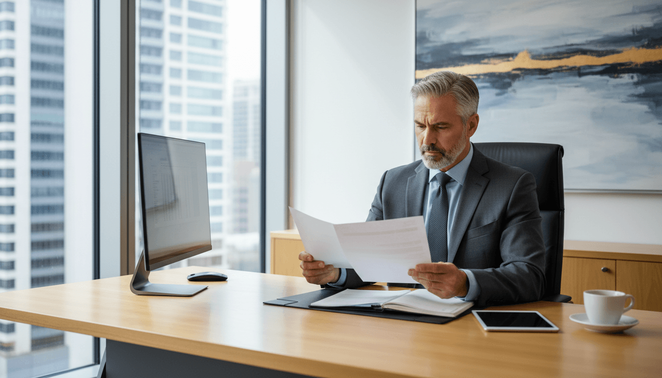 Executive reviewing documents at a modern desk in a bright office