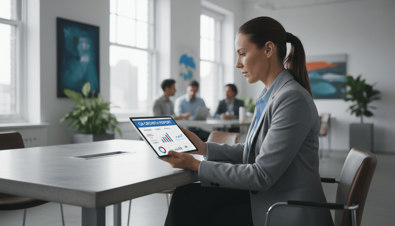 Consultant reviewing performance metrics on a tablet in a bright office