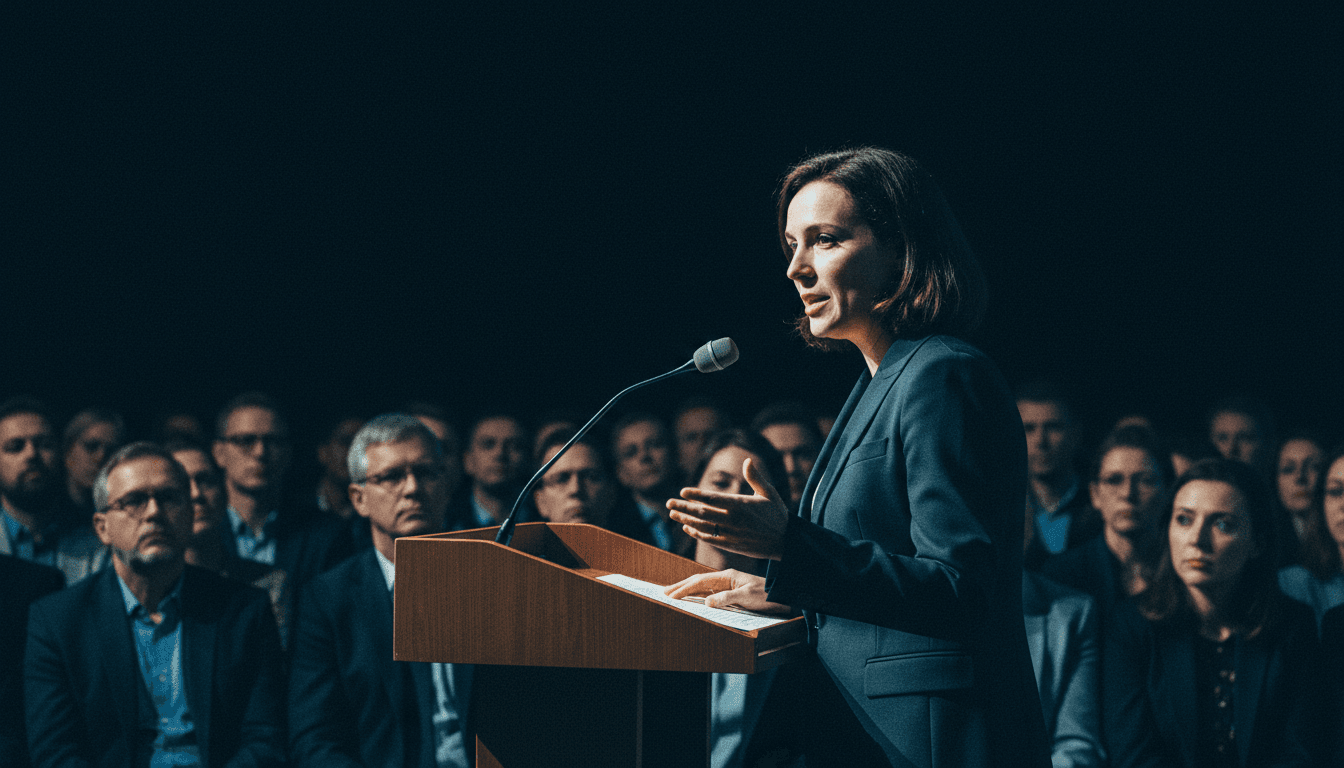 Speaker at a conference podium addressing an audience