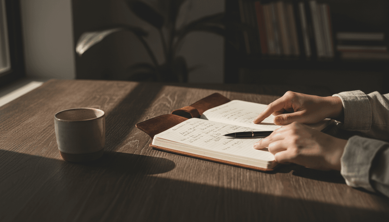 Founder reviewing handwritten notes on a leather notebook at a wooden desk in natural light
