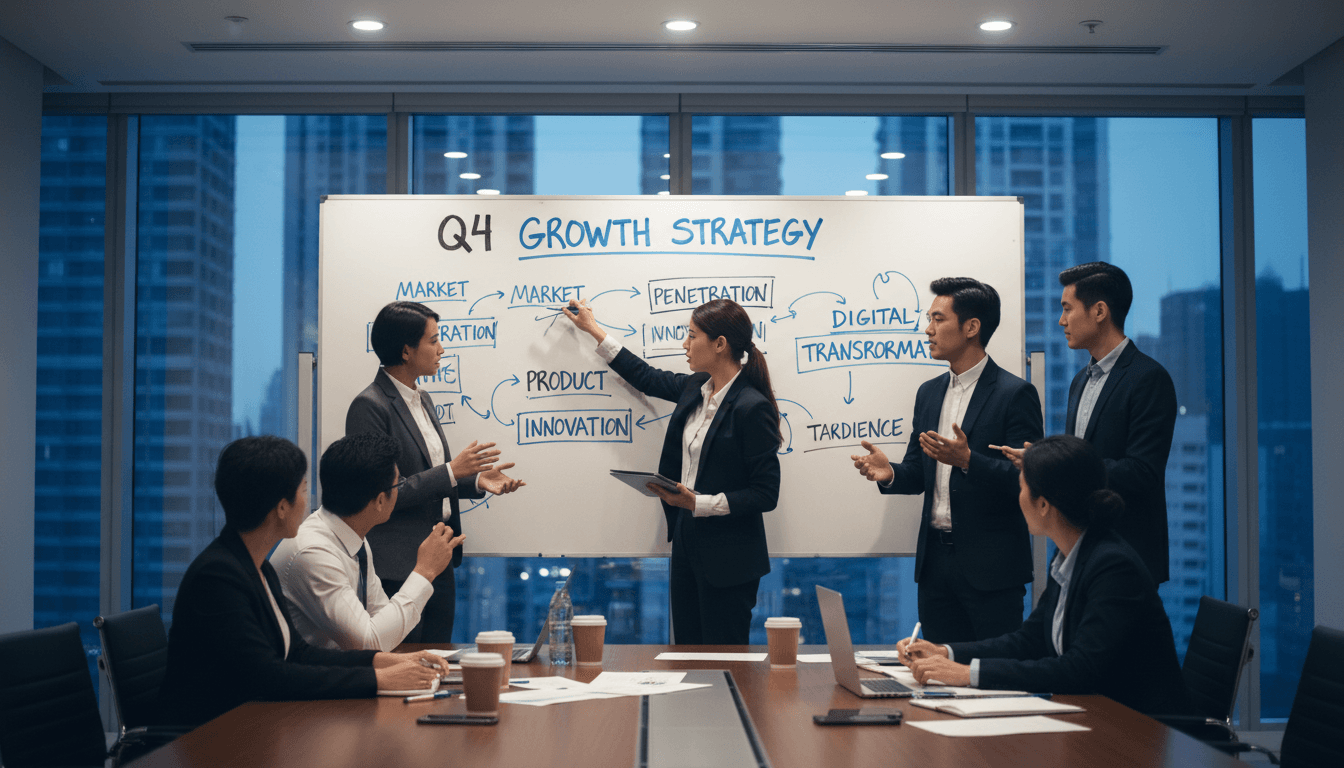 Executive team in fast-paced meeting reviewing whiteboard strategy