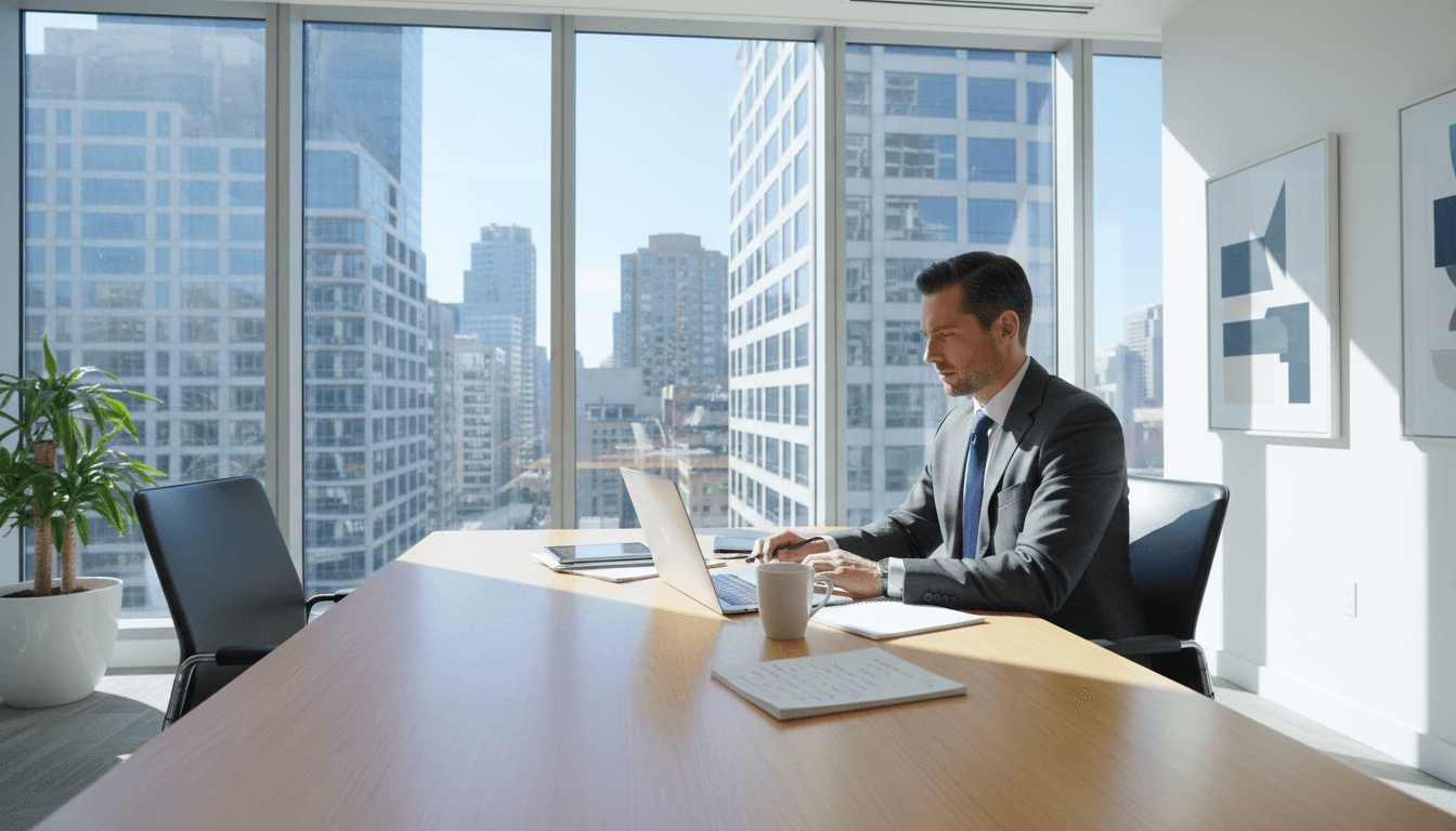 Professional executive strategizing at a desk in a bright modern office