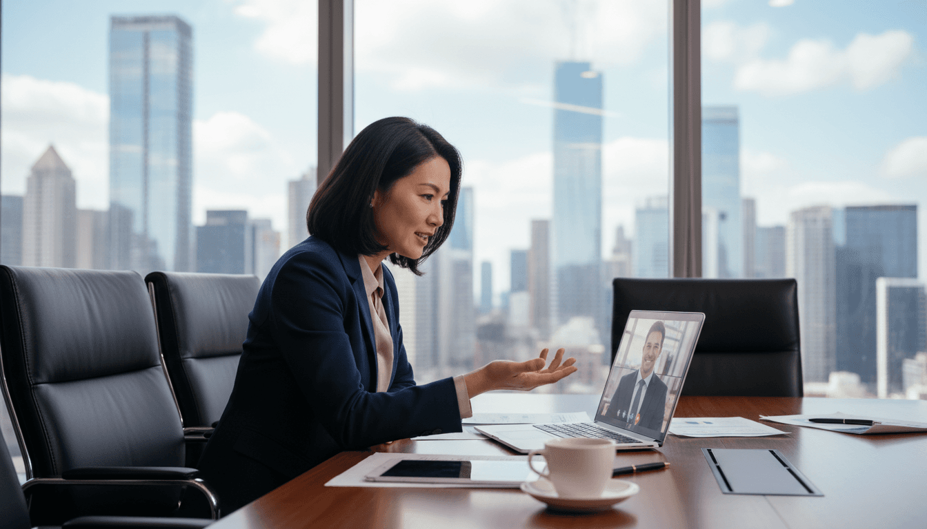 Executive in late 40s sitting at conference table speaking with colleague over laptop