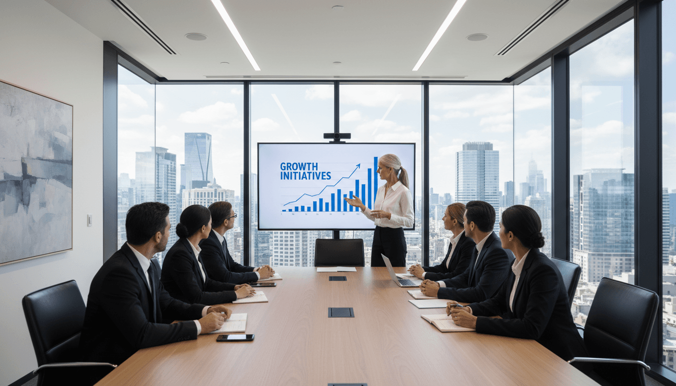 Executive leading a strategic meeting in a modern boardroom