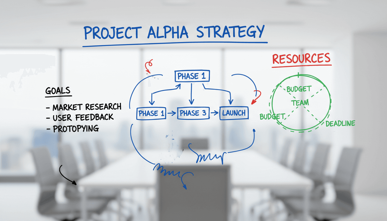 Whiteboard with structured planning notes and diagrams