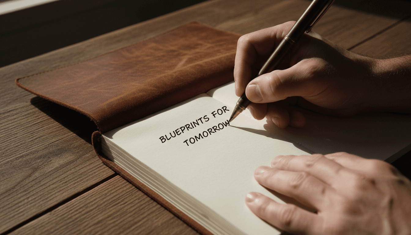 Close-up of hands writing in a leather notebook on a wooden desk