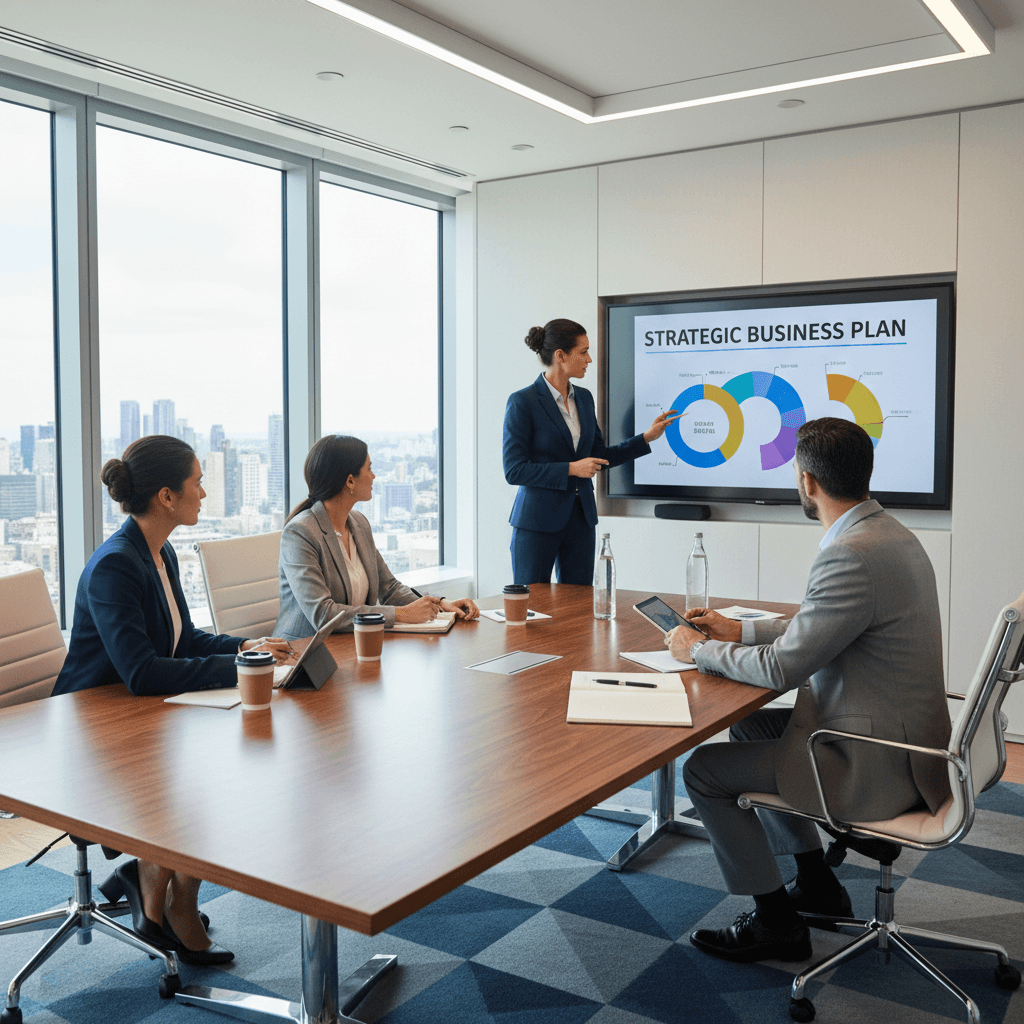 Executive reviewing strategic business plan with team in modern conference room