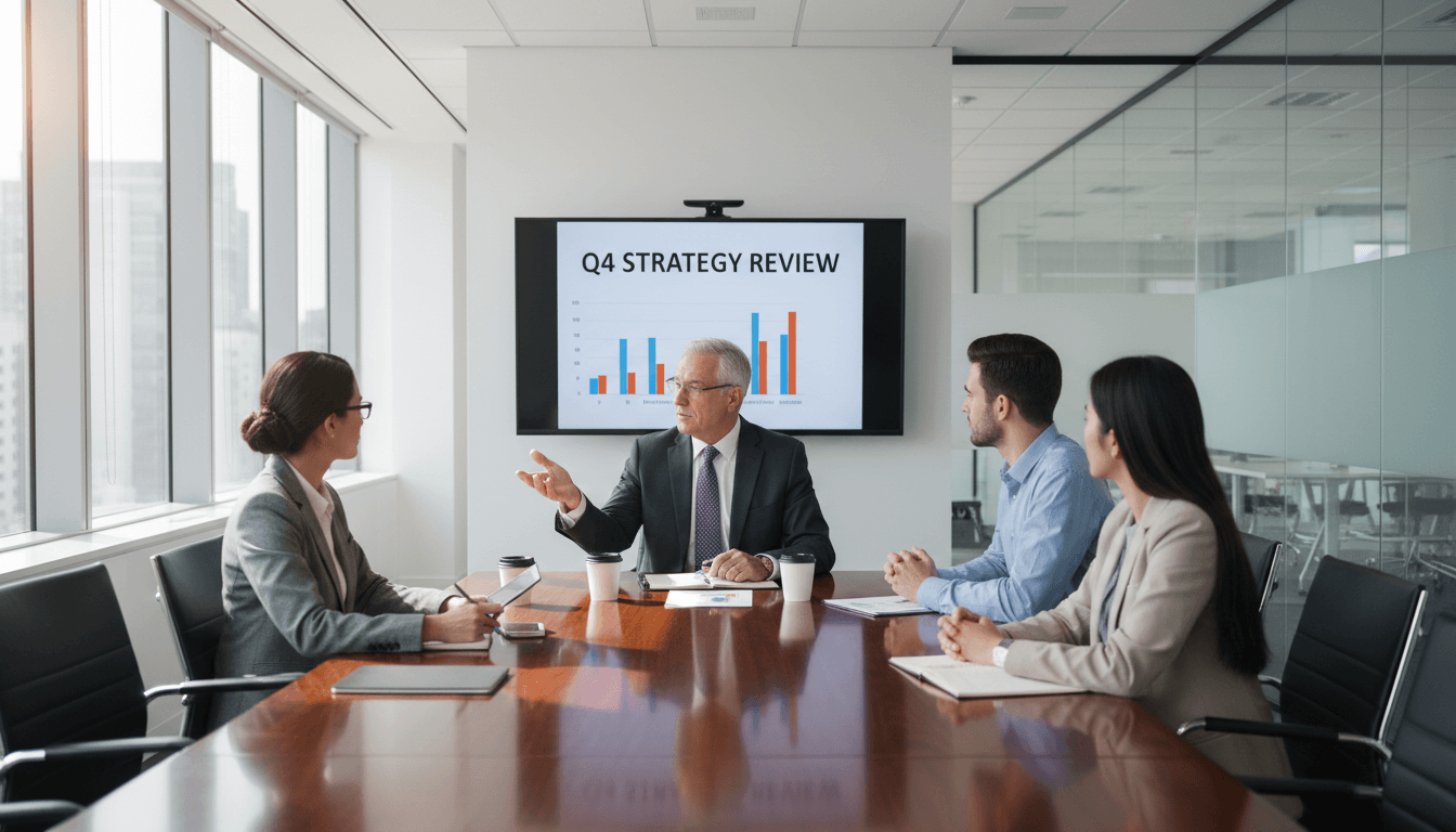 Senior professional in discussion with small team around conference table