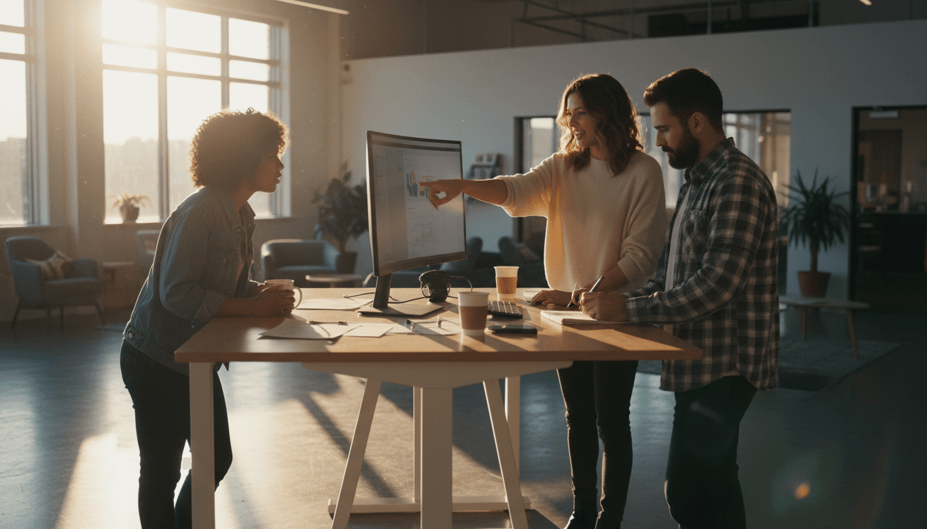 Team collaborating around a standing desk with notes and a laptop