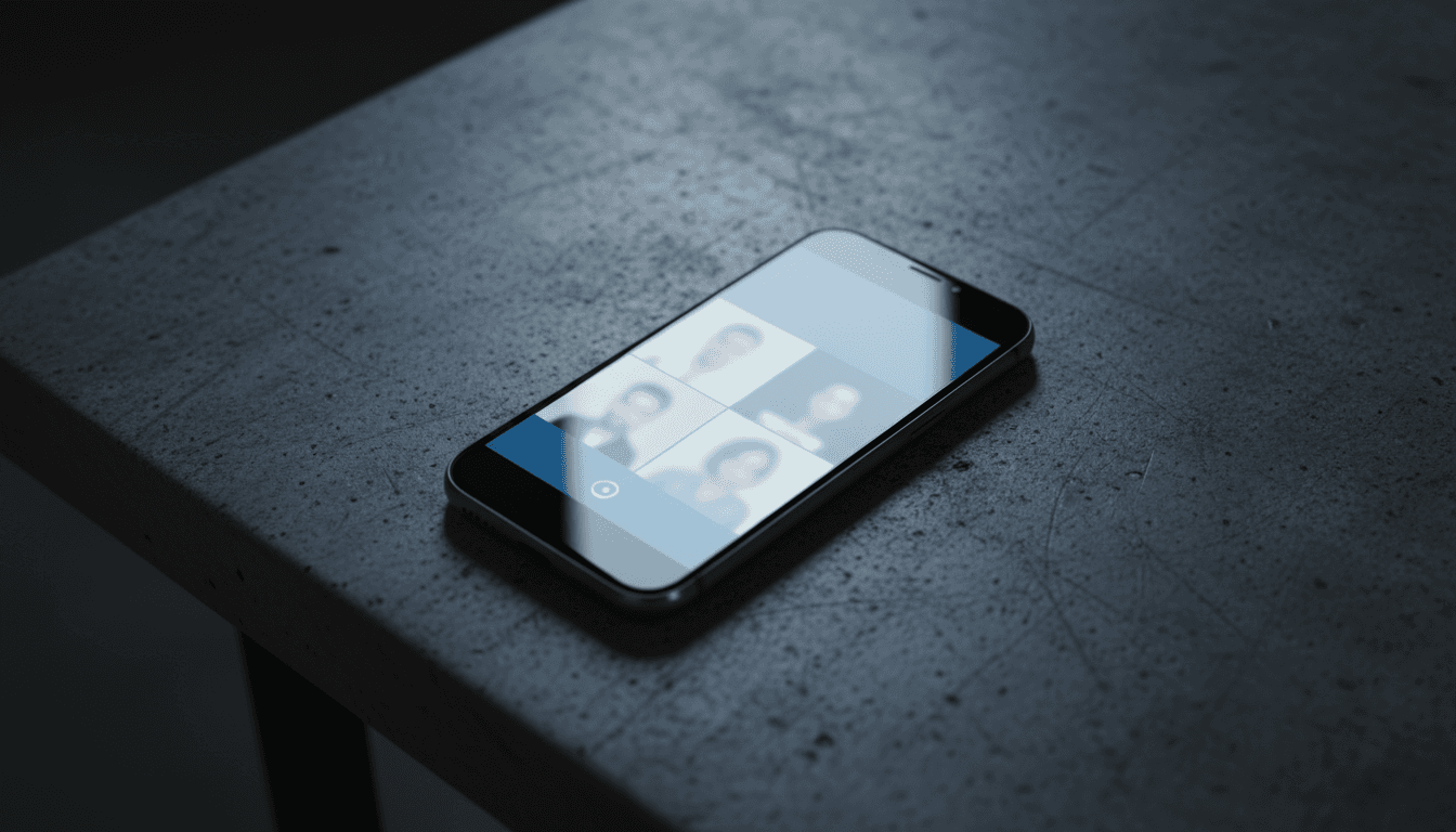 Smartphone on concrete table showing a blurred video call grid