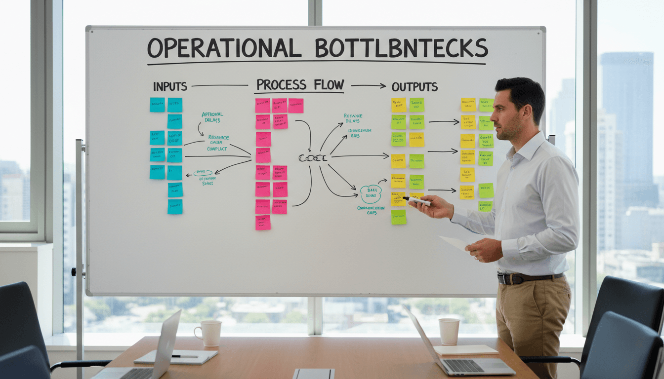 Executive's hands placing sticky notes on a whiteboard, mapping out operational bottlenecks