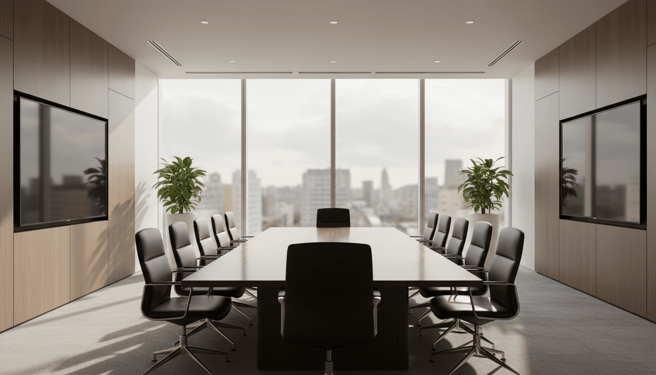 Bright, professional conference room with natural light and a wooden table