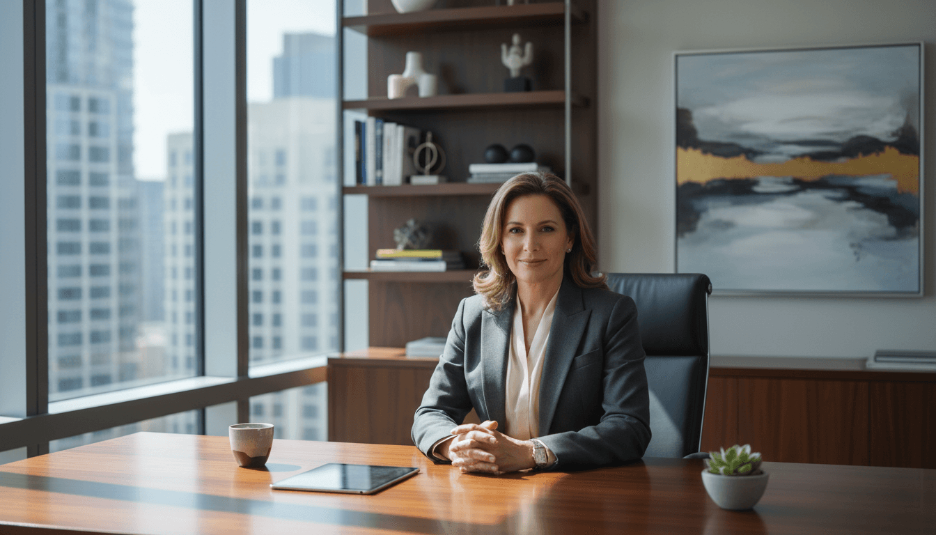 Business growth consultant in a modern office, calm and confident