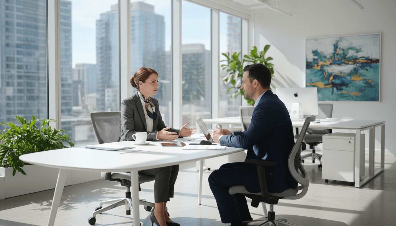 Senior executive in a modern office having a strategic conversation