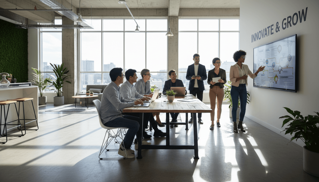 Diverse team collaborating in bright office with natural light