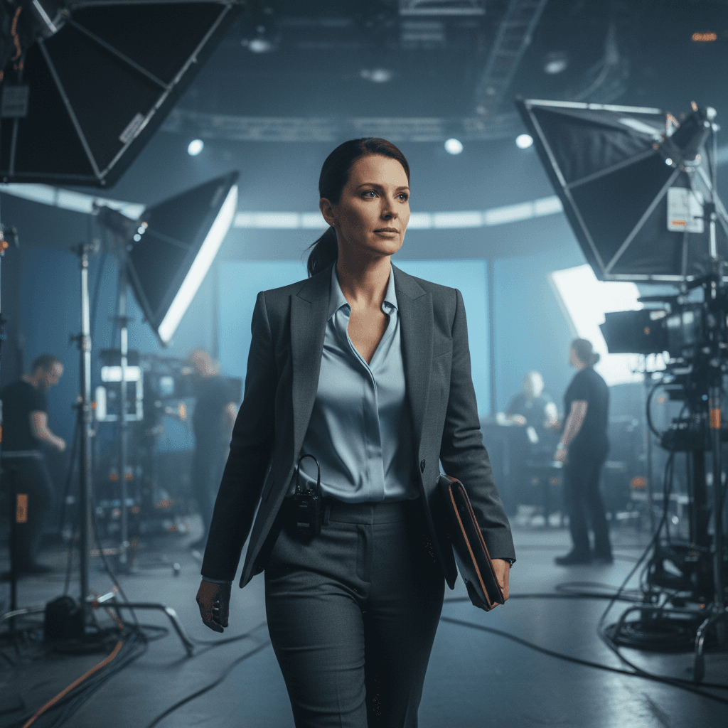 Person walking into a television studio