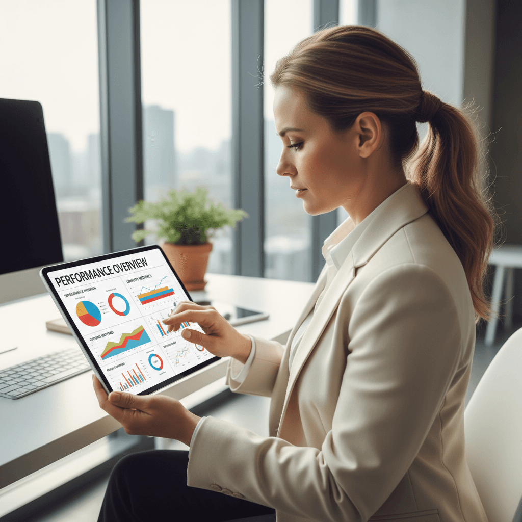 Founder reviewing data dashboard and analytics on tablet in bright office