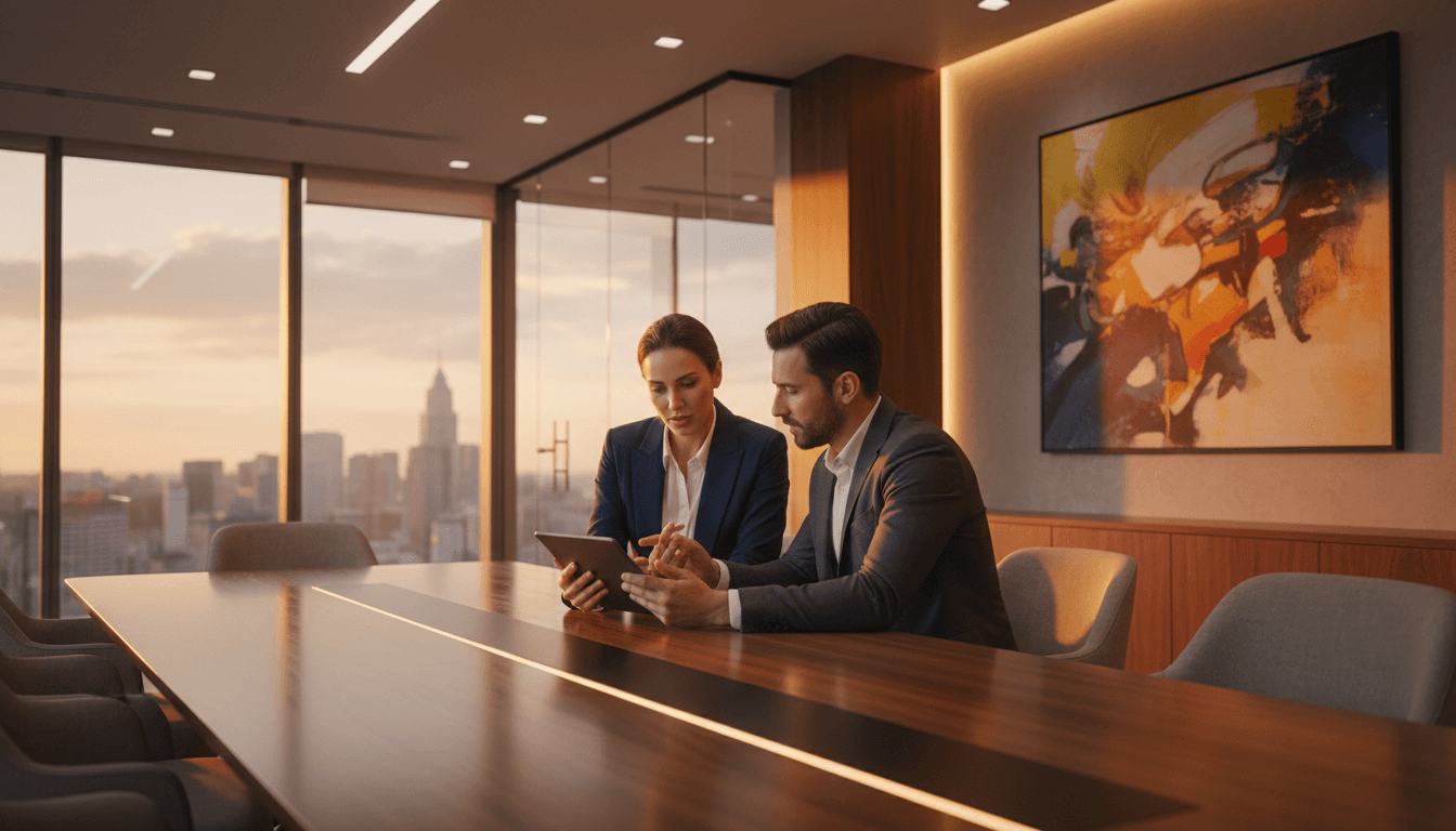 Executive consulting with a colleague in a bright modern office