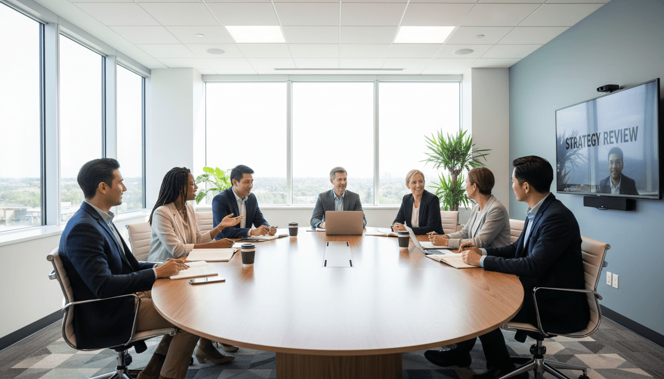 Diverse team of professionals having meeting in bright conference room with natural light