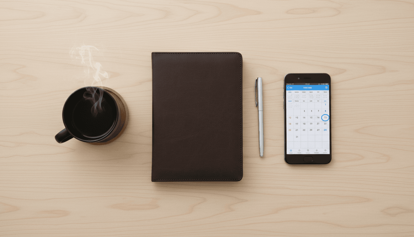 Desk with notebook and coffee signaling structured follow-up