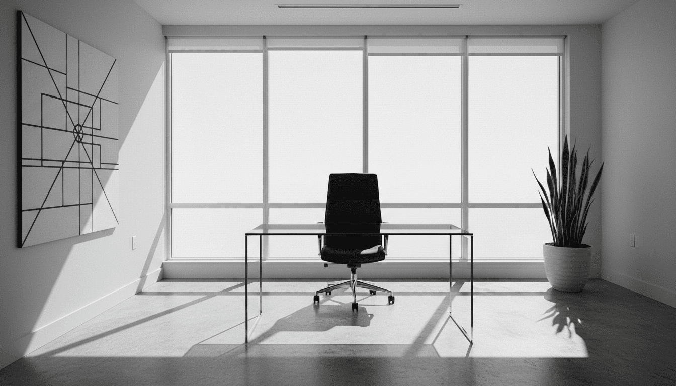 Modern executive office with glass desk and natural light
